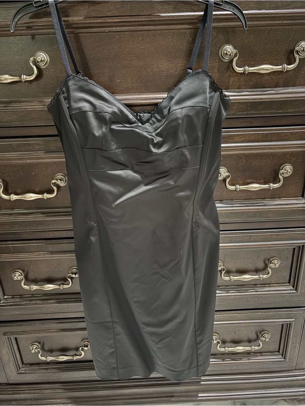 Black Satin Slip Dress w/Lace Trim, Fully Lined, Adjustable Straps w/stretch-Sz4